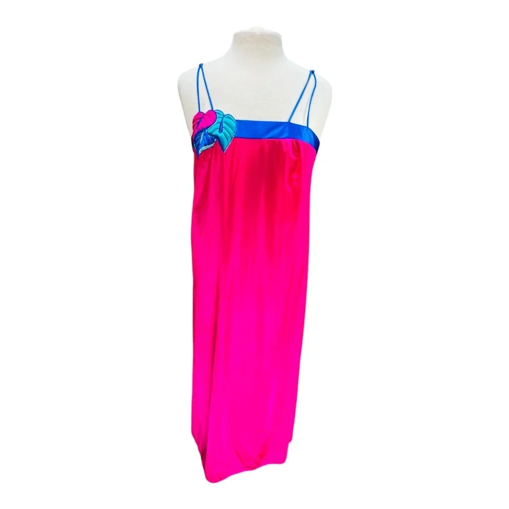 VTG Bright Pink Blue Gown Satin Slip Robe Set Tropical Monstera Leaf M Peignoir